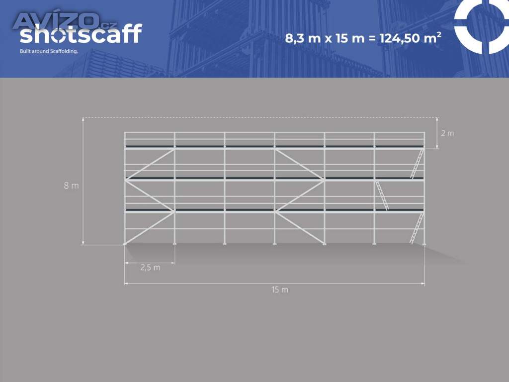 125m² Nové fasádní lešení, ocelové konstrukce 8,3x15 SCAFF 74 Plettac systém 