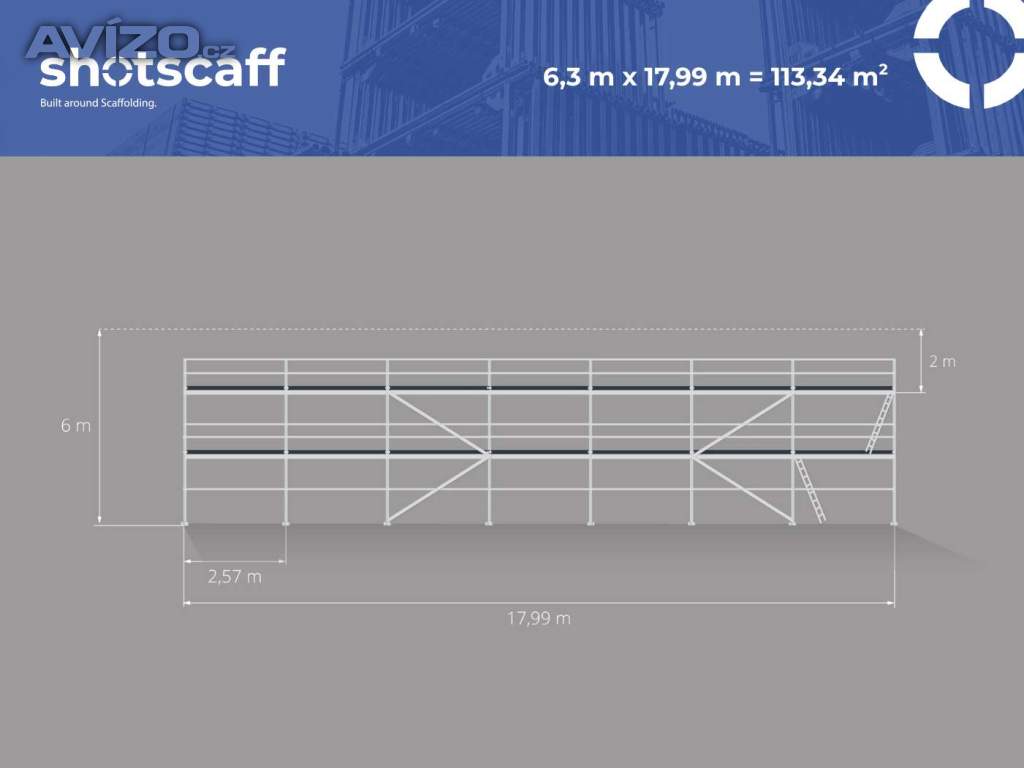 Nové ocelové lešení fasádní BAUMANN – rychlá dodávka! 6,3 X 17,99 = 113 M2