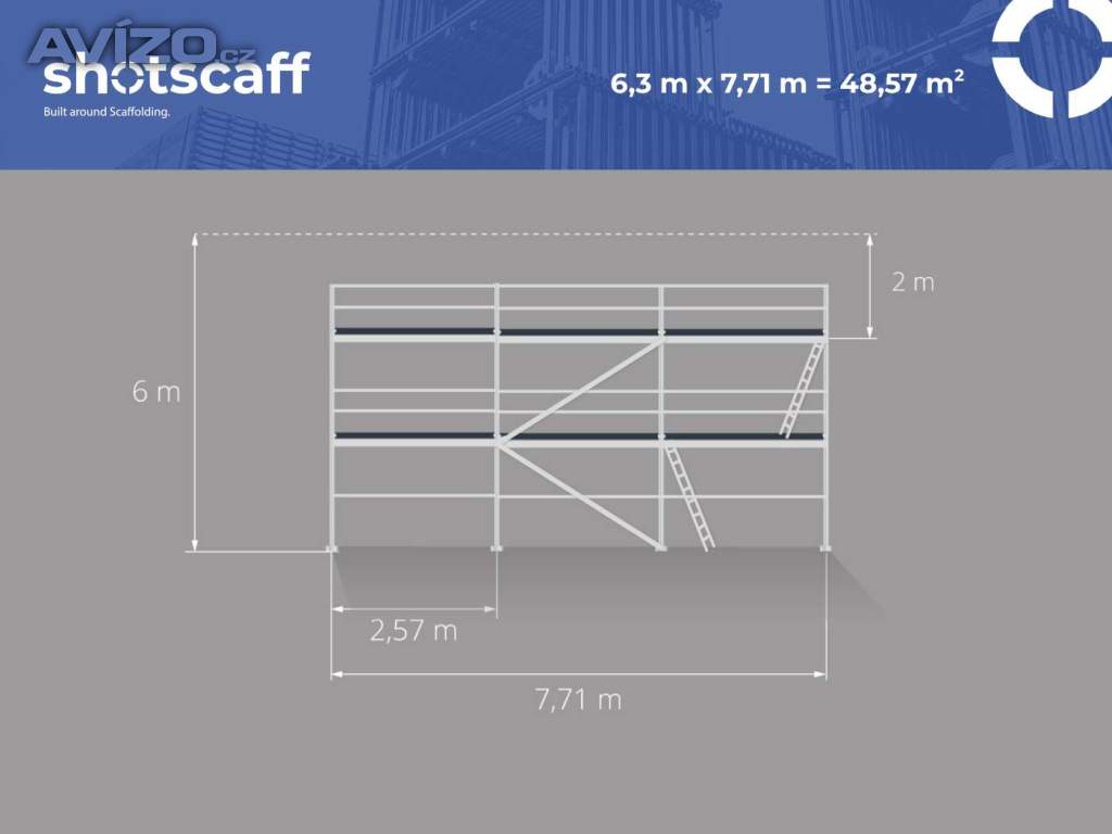 50m² BAUMANN lešení fasádní – profesionální systém s dodávkou 6,3X7,71 SCAFF 73