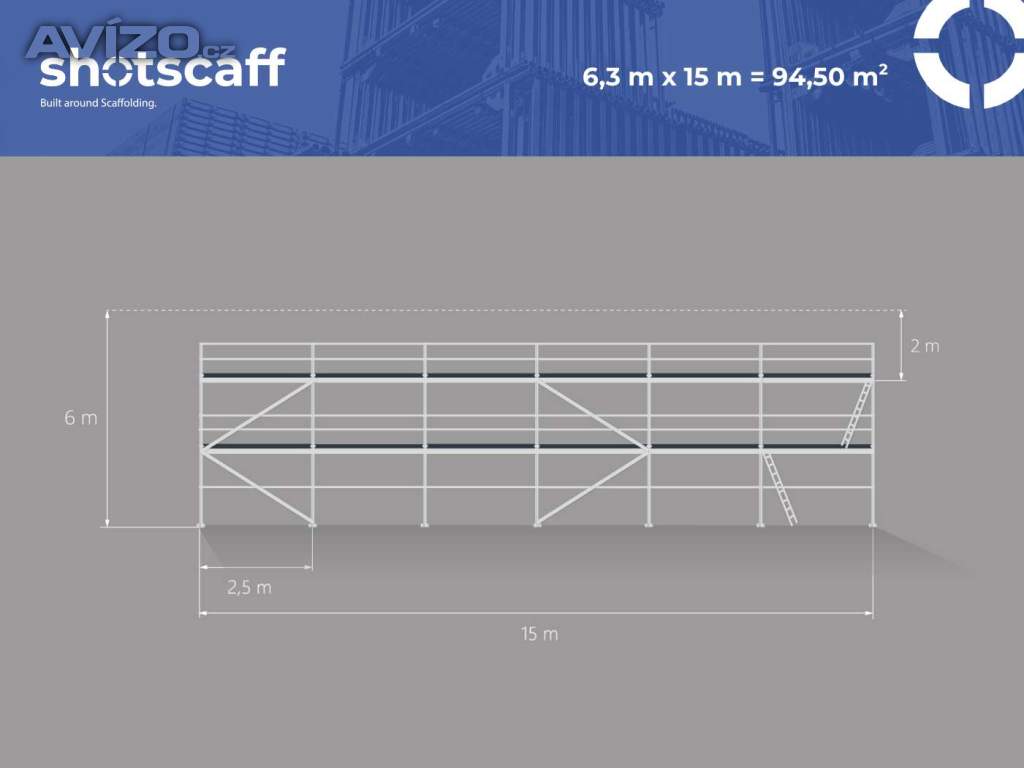 Nové ocelové lešení Plettac na fasádu – dobrá cena! 6,3X15=94,5M2