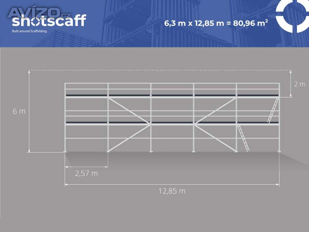 80m² BAUMANN lešení fasádní – profesionální systém s dodávkou 6,3 X 12,85 SCAFF 73