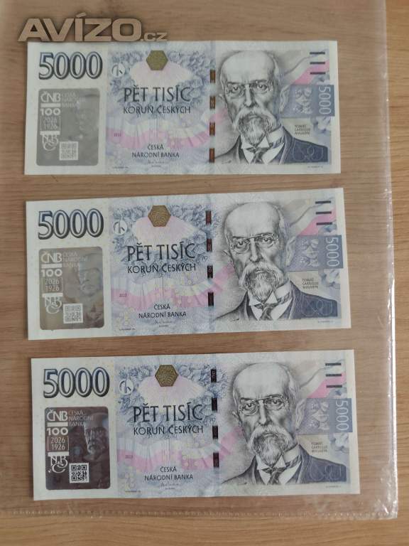 5000 Kč s přítiskem ČNB (2026) – Postupný TRIPTYCH, nízká čísla řady G, stav UNC