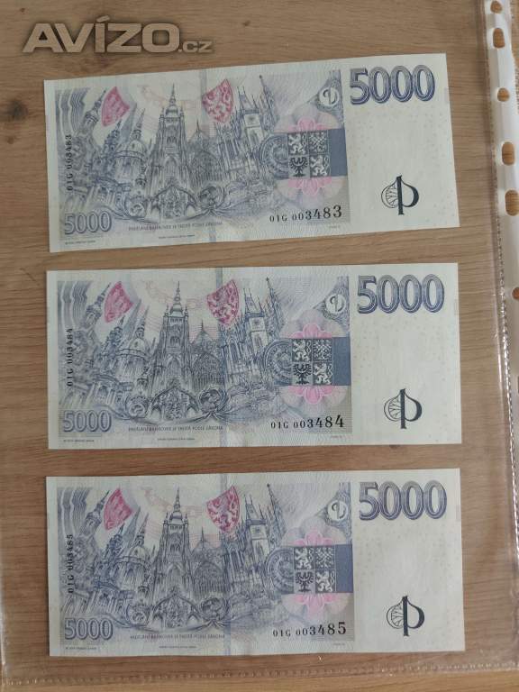 Foto inzerátu 5000 Kč s přítiskem ČNB (2026) – Postupný TRIPTYCH, nízká čísla řady G, stav UNC
