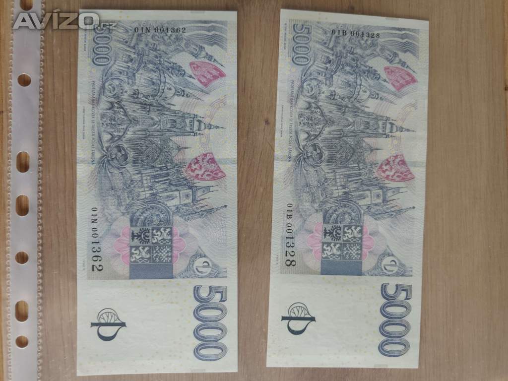 Foto inzerátu 5000 Kč s přítiskem ČNB (2026) – nízké číslo vzácné řady B a řady N stav UNC