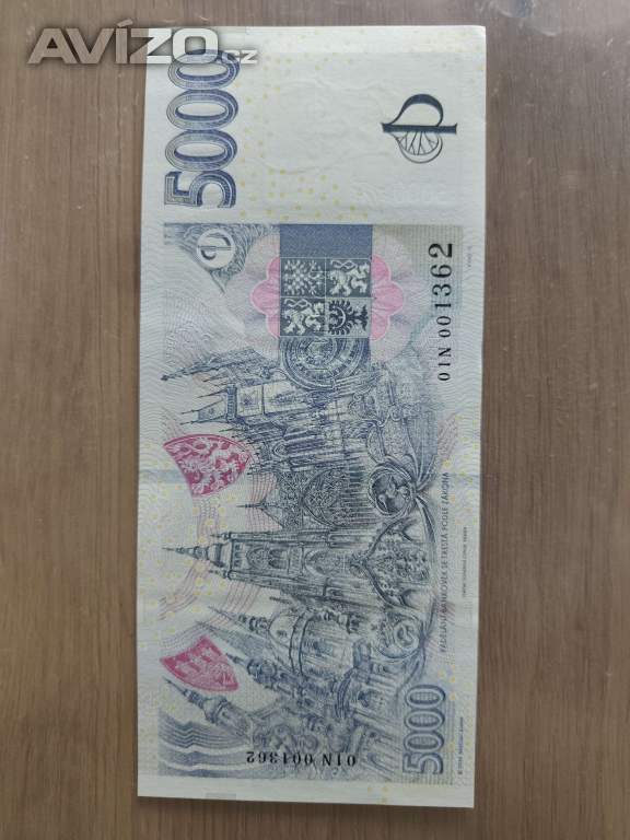 Foto inzerátu 5000 Kč s přítiskem ČNB (2026) – nízké číslo vzácné řady B a řady N stav UNC