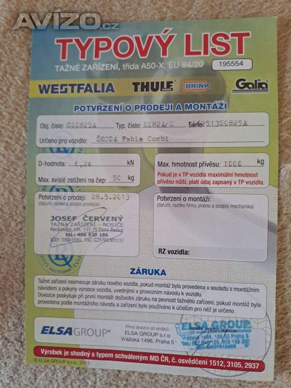 Foto inzerátu Prodám tažné zařízení Š-Fabia I, II, r.v. 2000- 2014