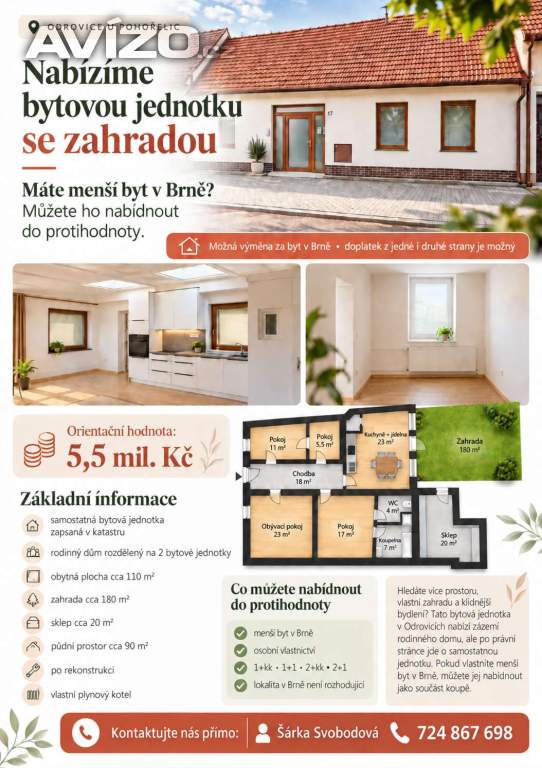 Prostorná bytová jednotka 110 m² se zahradou – možnost výměny za menší byt v Brně