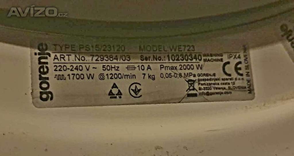 Foto inzerátu PRACKA GORENJE WE 723,BOCNI PLNENI,7KG,DISPLEJ,PLNE FUNKCNI,1200 OT 