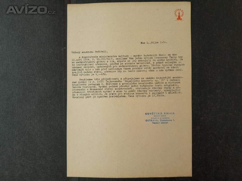 Sovětská kniha, prodejna Ostrava - nabídkový dopis 1954