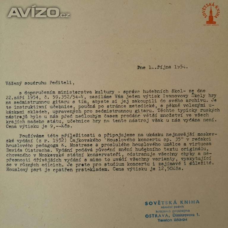 Foto inzerátu Sovětská kniha, prodejna Ostrava - nabídkový dopis 1954