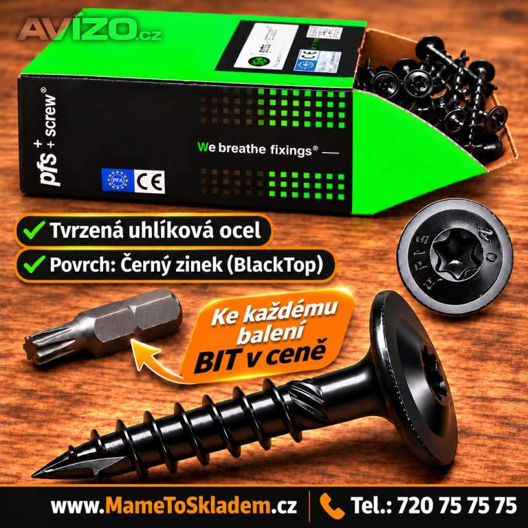 Černé konstrukční vruty TORX, talířové + bit zdarma