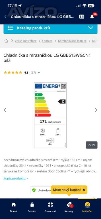 Foto inzerátu Chladnička s mrazničkou LG GBB61SWGCN1