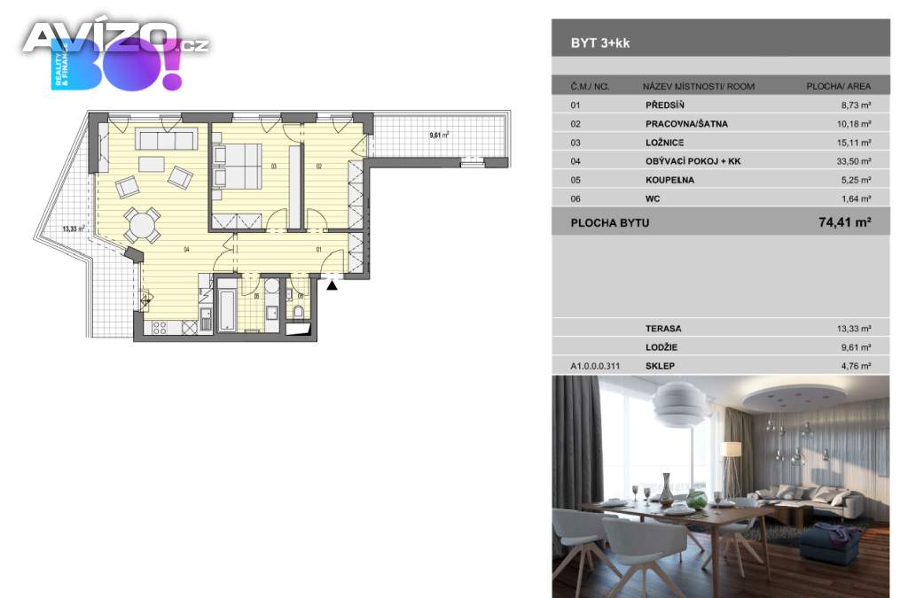 Foto inzerátu Pronájem bytu 3+kk, 74m² s parkovacím místem, terasou 13m² a lodžií 10m², ul. F. X. Riepla, Ostrava