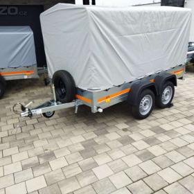 Fotka k inzerátu DOVEZEME, přívěs SKLÁPĚCÍ, DVOUOSÝ 270X130cm, s plachtou a konstrukcí, rychlost 130km.  / 18077706