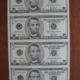 Fotka k inzerátu 4x 5$ US dollar nerozříznuté bankovky 5$ US dolar. / 18827520