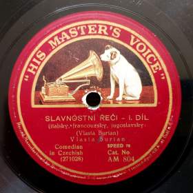 Foto inzerátu Vlasta Burian, tři starožitné gramodesky His Master’s Voice, velmi vzácné