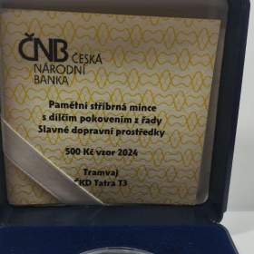 Foto inzerátu 500 Kč - stříbrná mince Tramvaj Tatra T3 - BK + ETUE + CERTIFIKÁT