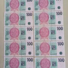 Bankovky UNC, hodnoty 100 Kč, číselně jdoucí za sebou 10 kusů.. / 19474217