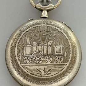 Foto inzerátu Monstrózní staré kapesní hodinky s lokomotivou, 66mm, 202g