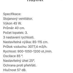 Foto inzerátu Stojanový ventilátor-TRISTAR. NlOVÝ!! Původní balení!! Průměr 40 cm. SILNÝ VÝKON 