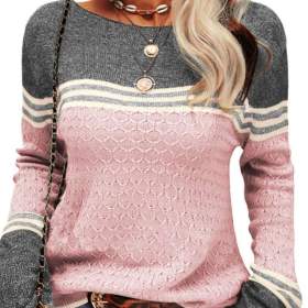 Foto inzerátu Patchworkový Růžový Svetr Kulatým Výstřihem A Dlouhým Rukávem