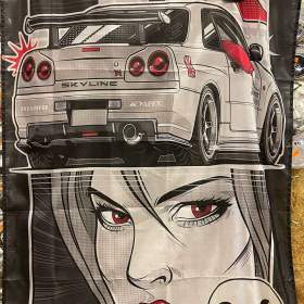 38 -  Banner -  vlajka R34 Skyline GTR -  bílý (OMG) 90x150 cm / 19687507