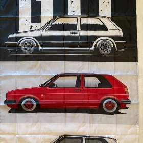 55 -  Banner vlajka GTI -  3x VW GOLF II kreslený,červený, bílý 90x150 cm / 19692080