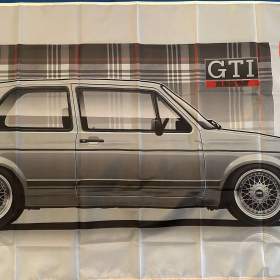 95 -  Banner -  vlajka VW Golf 1 -  stříbrné GTI -  látka v pozadí 90x150 / 19705030
