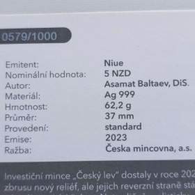 Foto inzerátu Český lev 2023 – stříbrná 2 oz mince, č. 0579/1000, certifikát, dvě unce