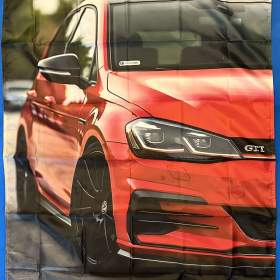 131 -  Banner prapor vlajka -  VW GOLF VII -  červený půlka vozu 90x150 cm / 19904351