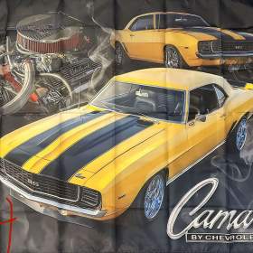 134 -  Banner prapor vlajka -  Chevrolet CAMARO I RS 67 -  žluté, černý pruhy 90x150 cm / 19904354